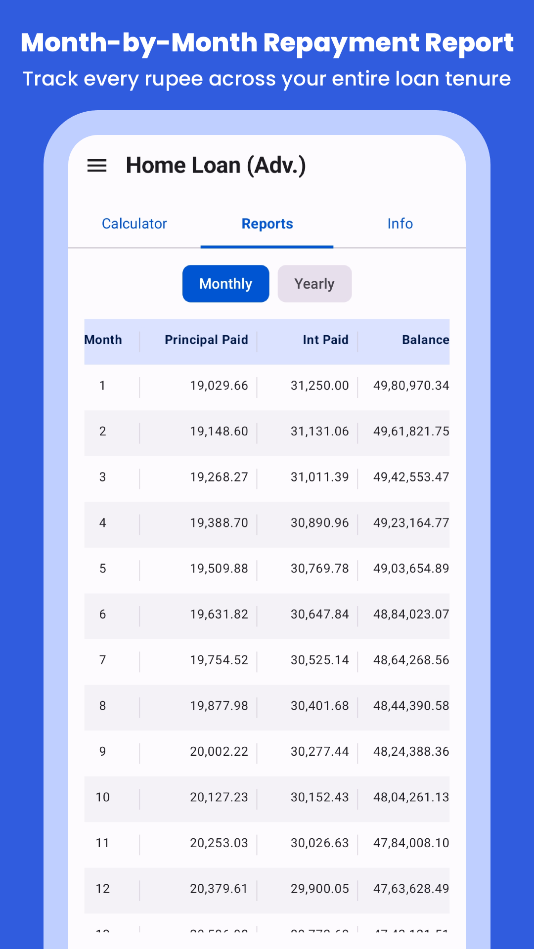 Month-by-month loan repayment report