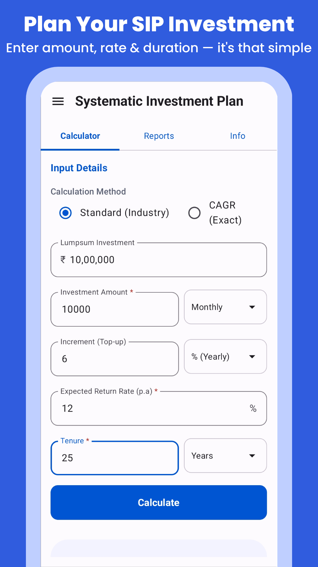 SIP calculator inputs: investment amount, top-up, expected return rate and tenure