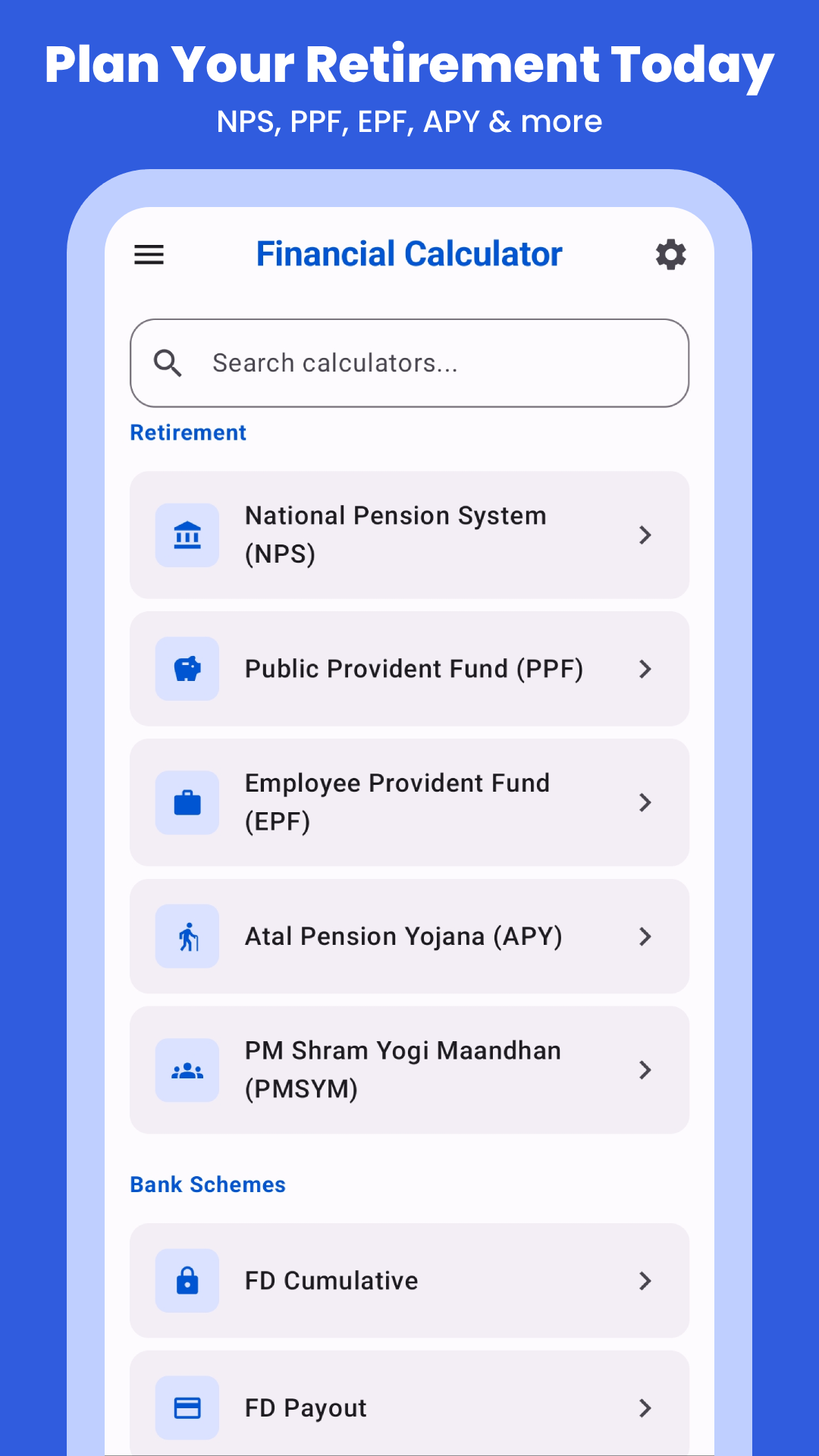 Retirement and bank scheme calculators in the searchable list